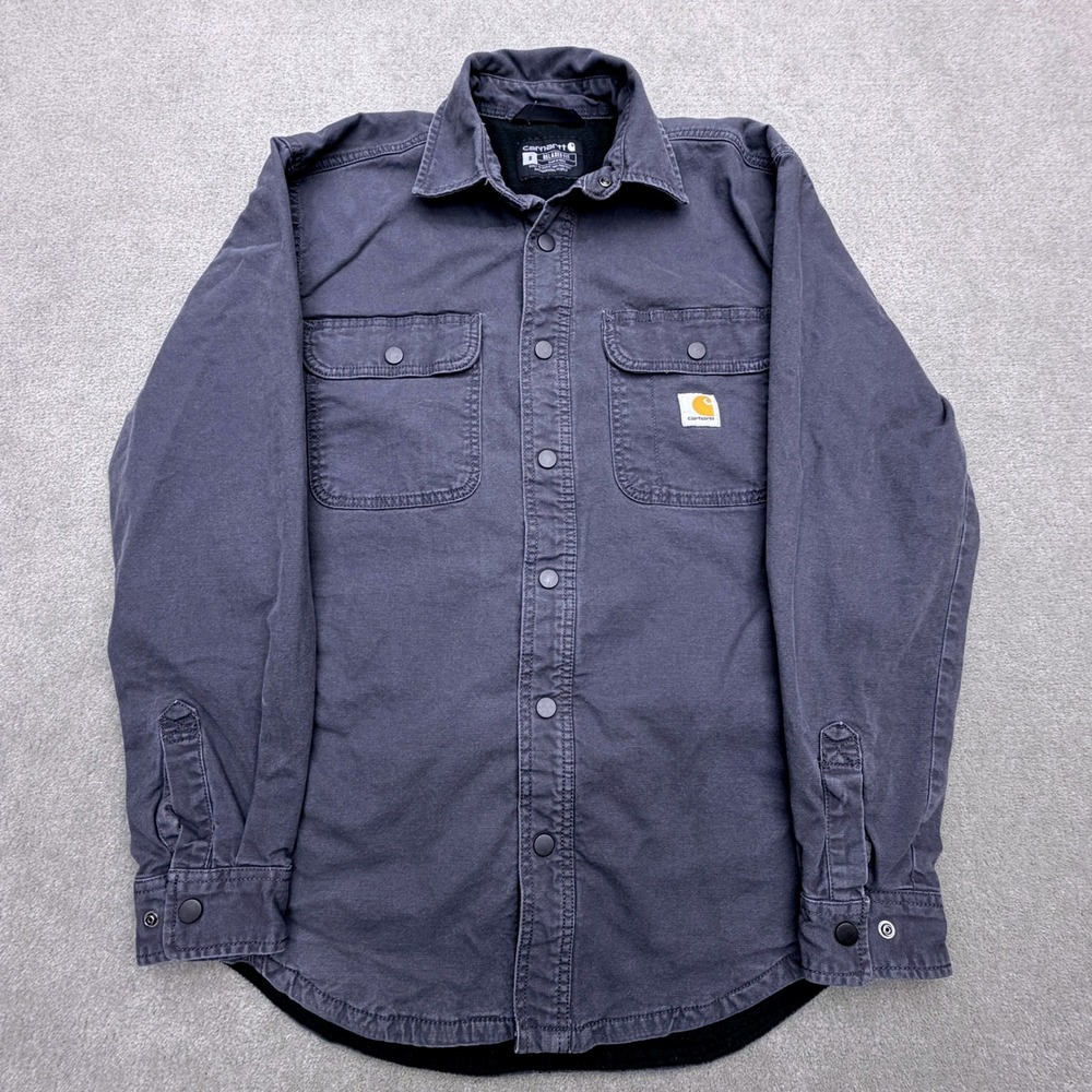 Carhartt Fleece Lined Relaxed Fit Canvas Shirt Jacket Mens Small Gray Snap Front
